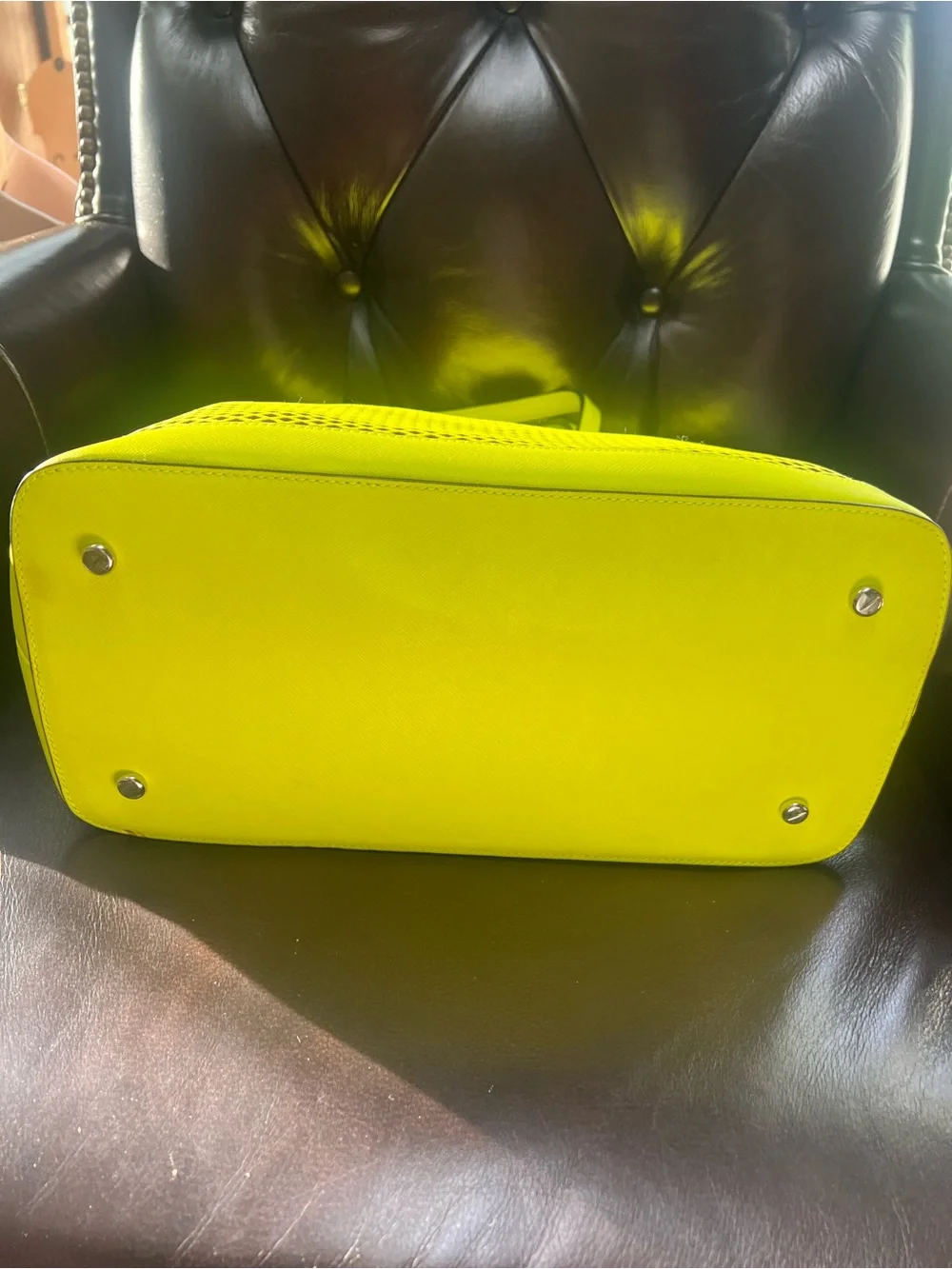 RARE Henri Bendel 2015 Neon Yellow Perforated Satchel Tote Collector Item